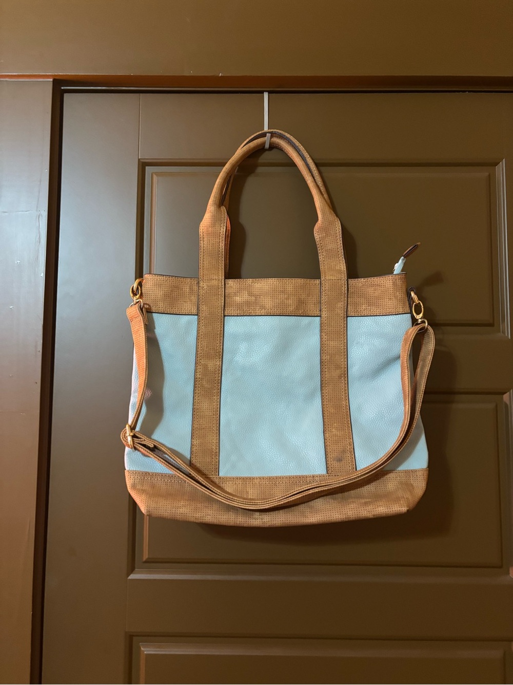 Canvas Tote Bag with Tan Trim - Light Blue